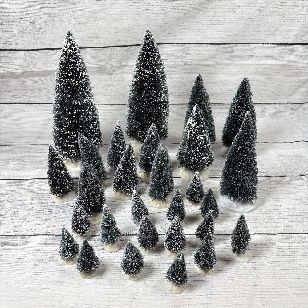 Lemax Mix Lot 28 White Flocked Evergreen Bottle Brush Christmas Trees Village